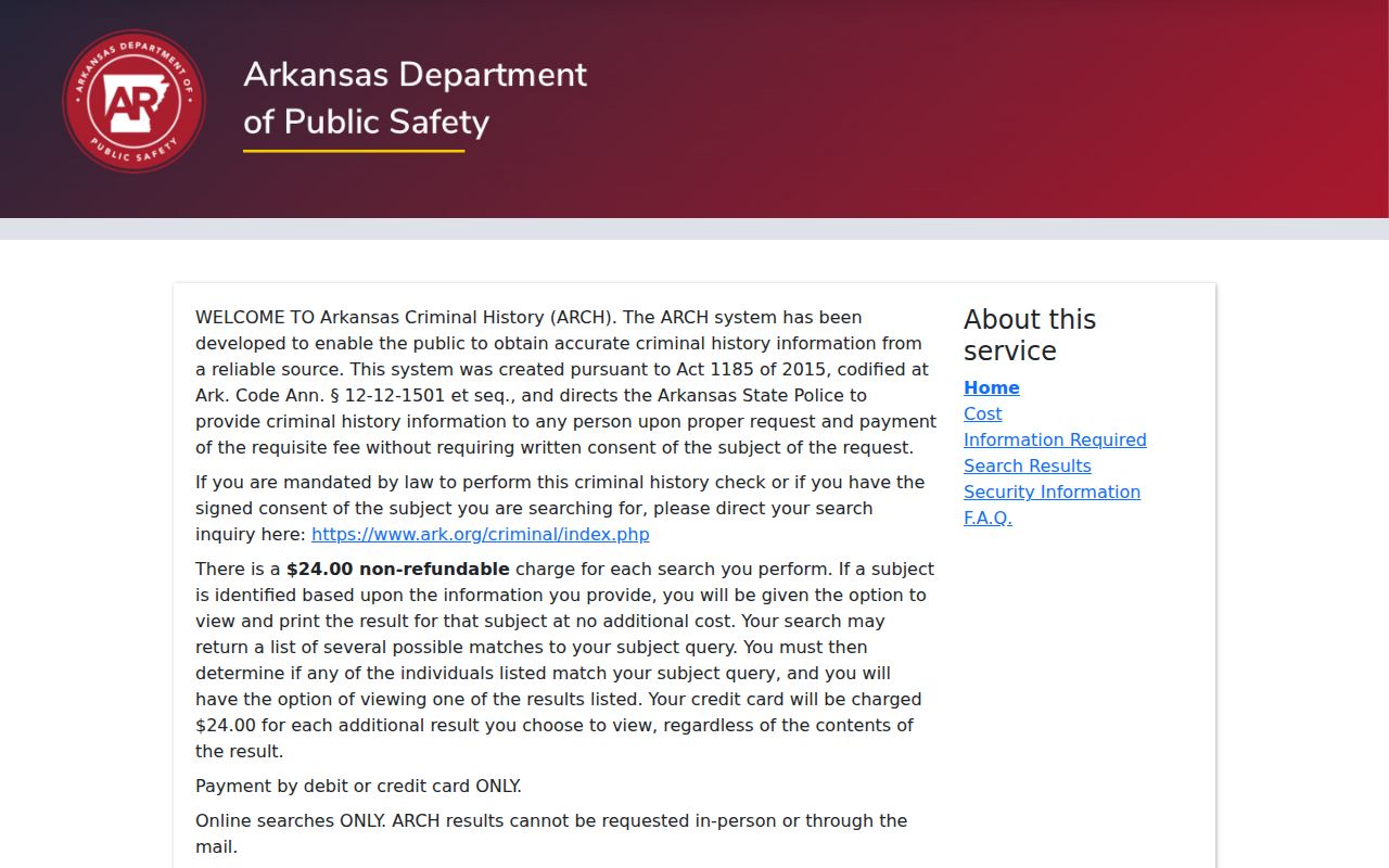 Arkansas Criminal History search page showing a product that excludes active Bradley County warrants