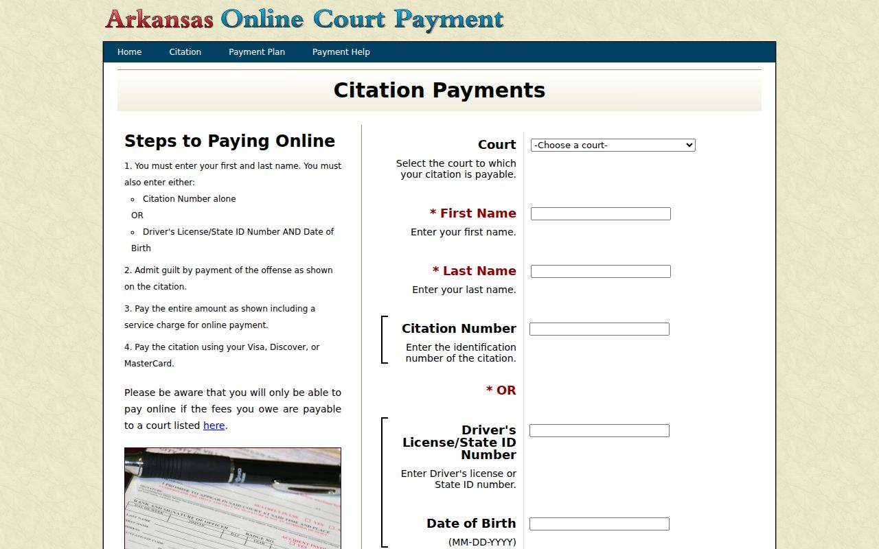 Arkansas citation court selector and identifying fields for a Bradley County traffic matter